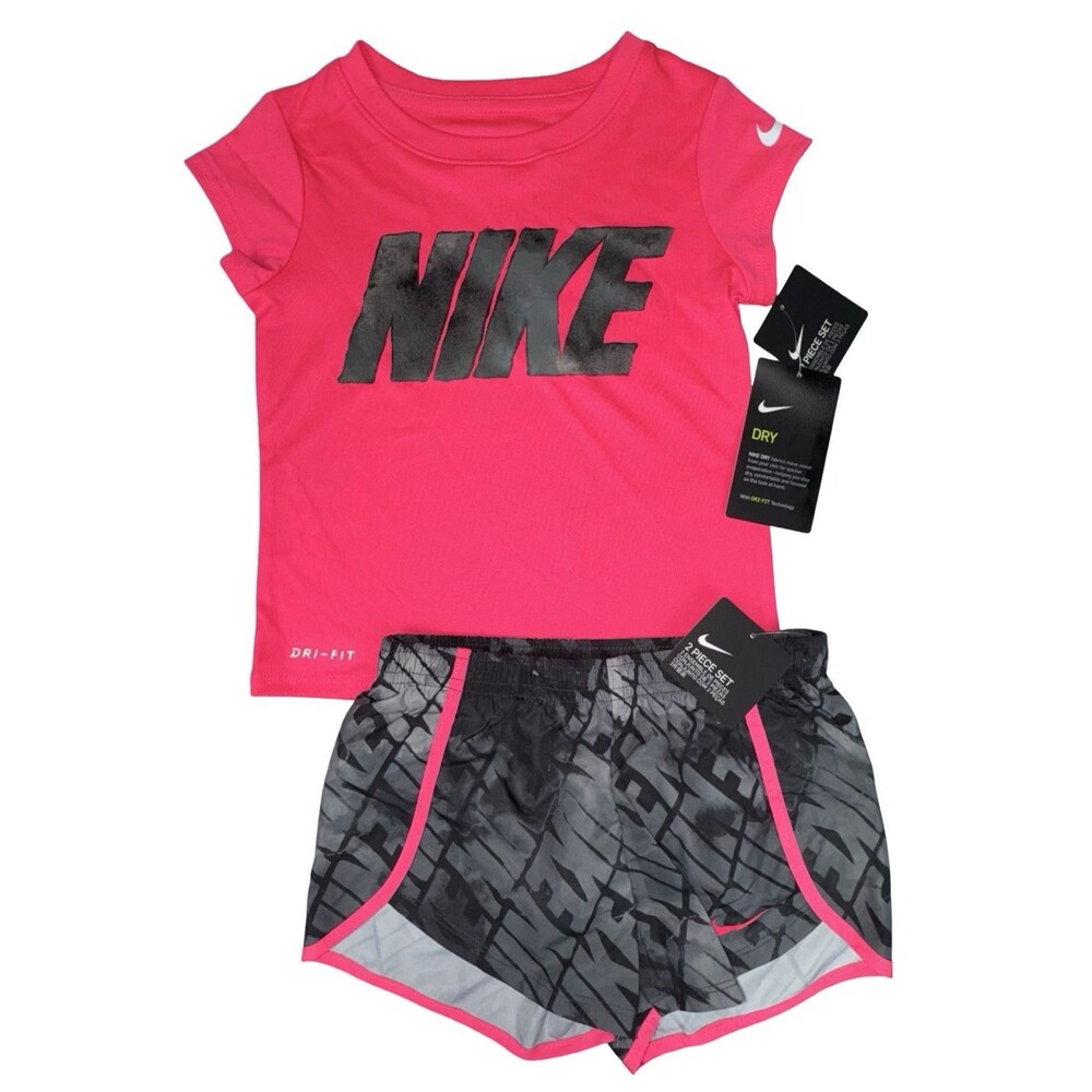 Nike Girls Size 6 2-Piece Dri-Fit Set Pink Shirt Gray Shorts Casual Athletic New